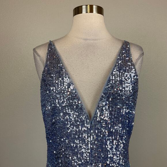 XSCAPE Sequined Midi Sheath Cocktail Dress Blue Size 6 Sleeveless V-Neck - Picture 7 of 14